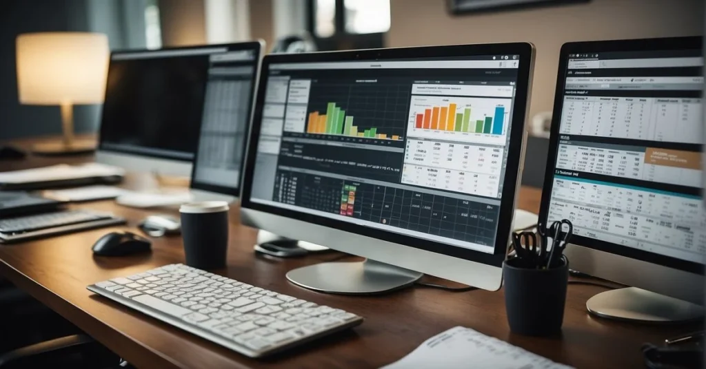 Dual computer monitors on a desk display colorful graphs and data, indicating a professional working environment. Budget Analyst Jobs