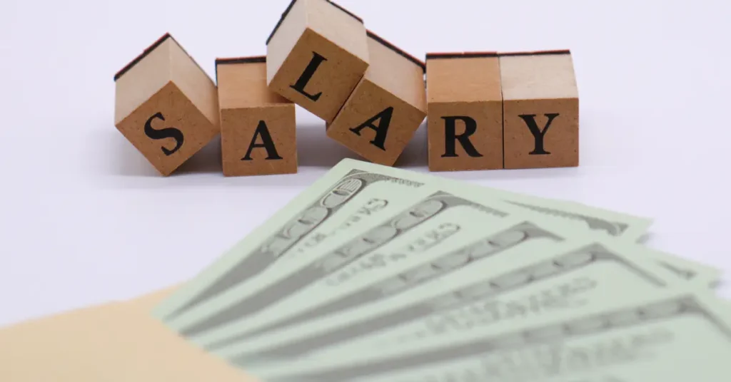 Wooden blocks spelling "SALARY" with currency notes, symbolizing earnings or payroll. Budget Analyst Jobs