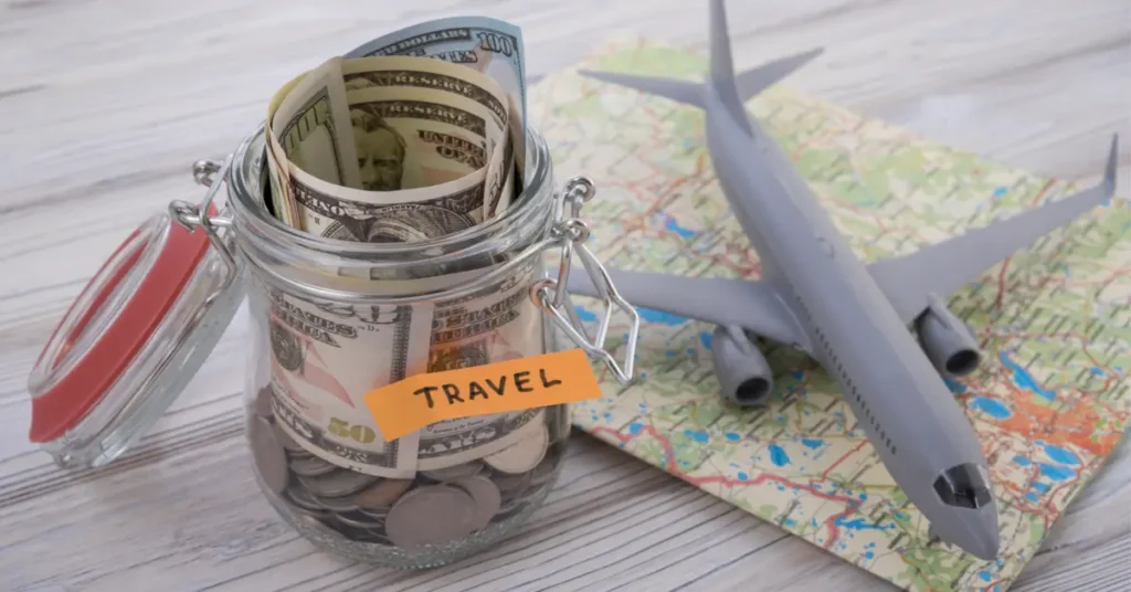 A savings jar labeled 'Travel' beside a model airplane and a map, symbolizing saving money for travel. Budgeting for Dummies