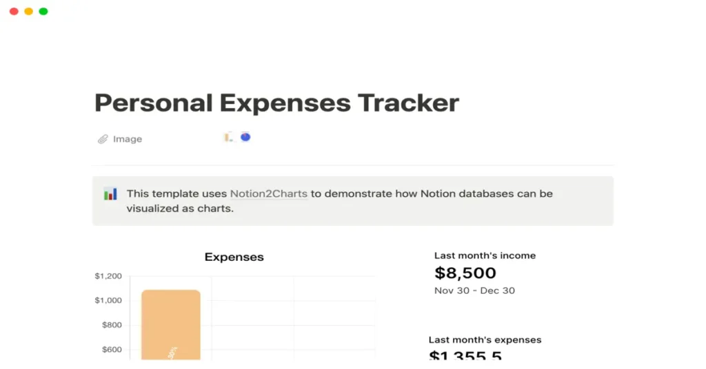 Personal Expenses Tracker as Notion Budget Template: The image displays a personal expense tracking interface with a notification about a chart visualization tool, followed by a bar graph showing expenses.