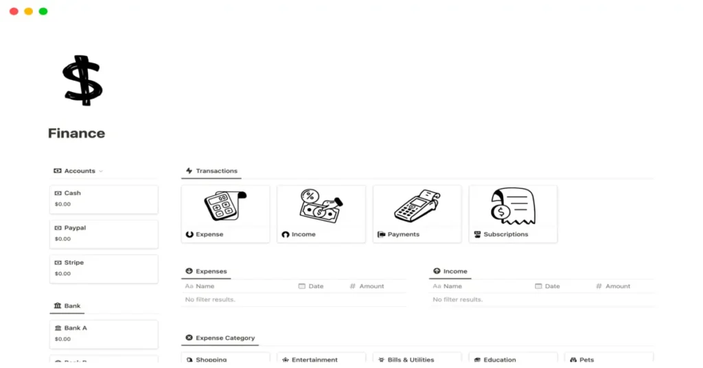 Finance Dashboard Interface as Notion Budget Template: This image shows a simplistic finance app interface with accounts listed on the left side and transaction categories represented by icons on the right side.