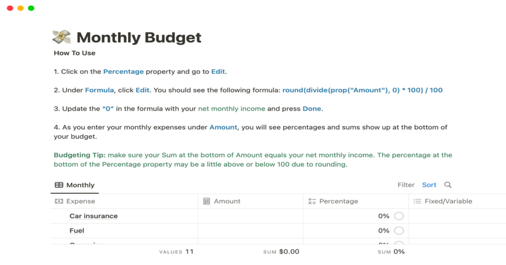 Monthly Budget Template as Notion Budget Template: This is a screenshot of a monthly budget template with instructions at the top, followed by a table for listing expenses, their amounts, and calculating their percentages of the total budget.