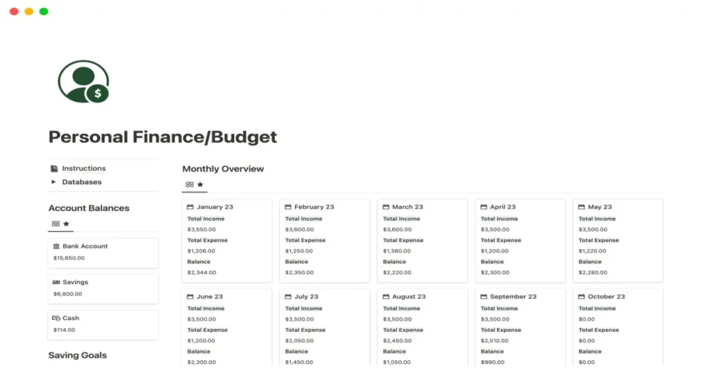 Personal Finance/Budget Overview as Notion Budget Template: A financial overview interface showing account balances on the left and a monthly overview on the right with columns for income, expenses, and balance.