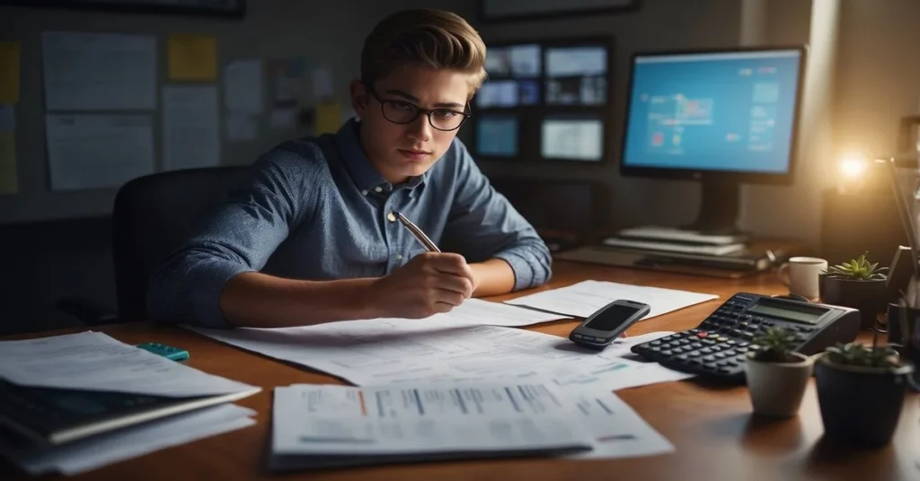 A teen working at a desk with a calculator and financial documents, likely analyzing financial data or budgeting. Using his budget worksheet for teenagers.