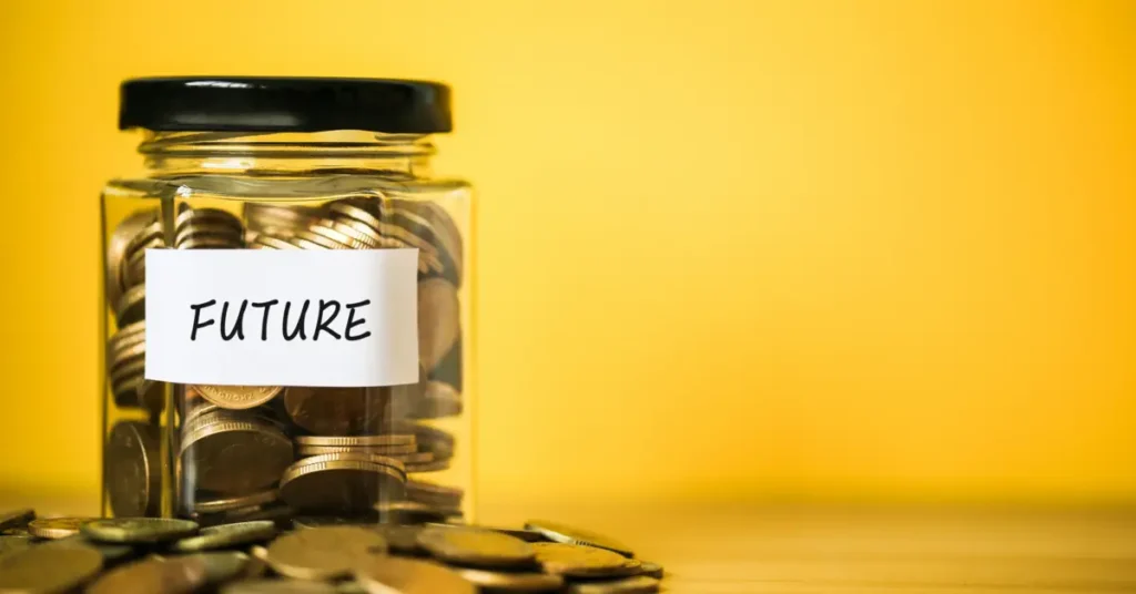 A coin jar labeled "FUTURE" on a yellow background, symbolizing saving money for the future. As a teen save for his future with his budget worksheet for teens.