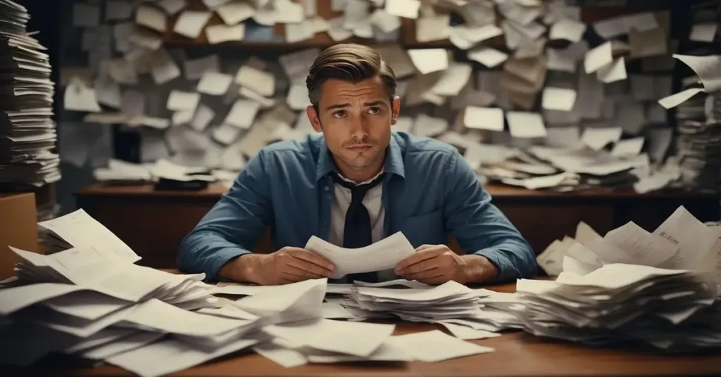 A man overwhelmed by a large amount of paperwork on his desk, suggesting stress or a heavy workload. Due to to many questions considering budgeting journals.