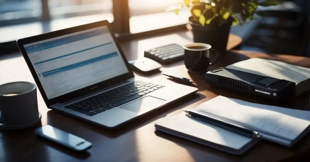 A laptop with financial information on the screen, accompanied by a cup of coffee, calculator, and notepad, indicating a work environment. Starting the budgeting journal.