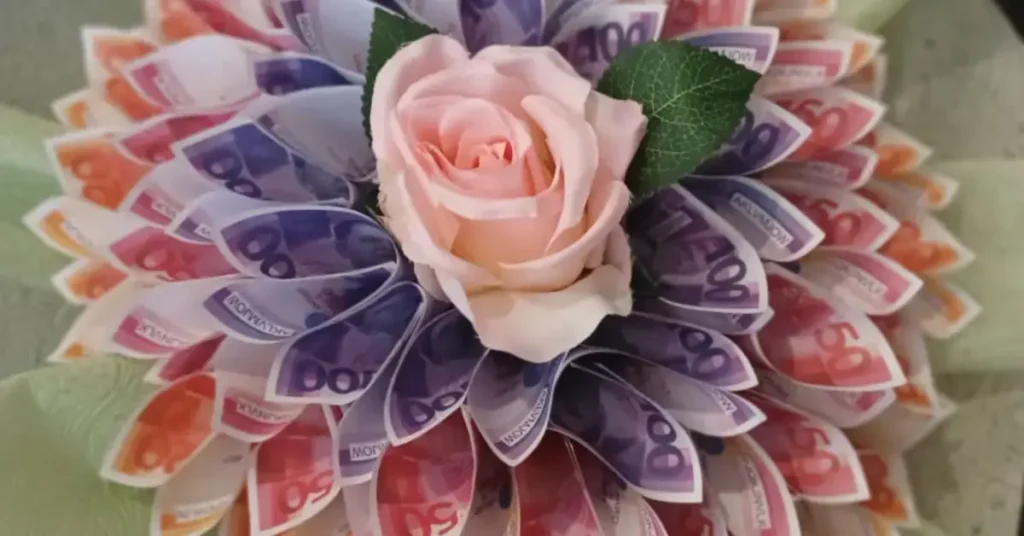 Money Rose Bouquets is a bouquet-like arrangement of banknotes with a pink rose at the center.