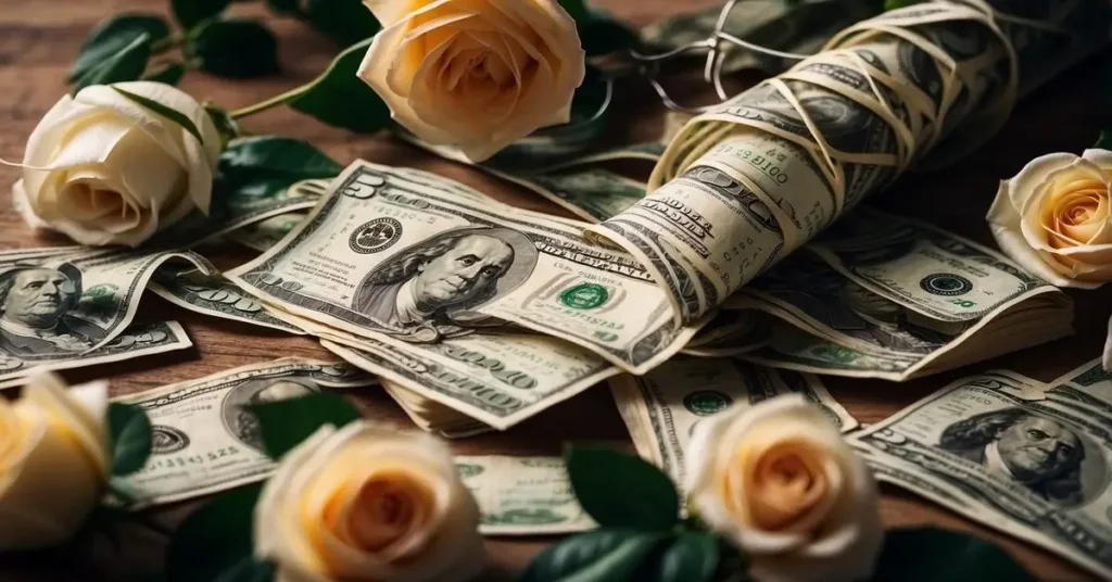 money rose bouquets as rolled-up dollar bills among blooming roses on a wooden surface.