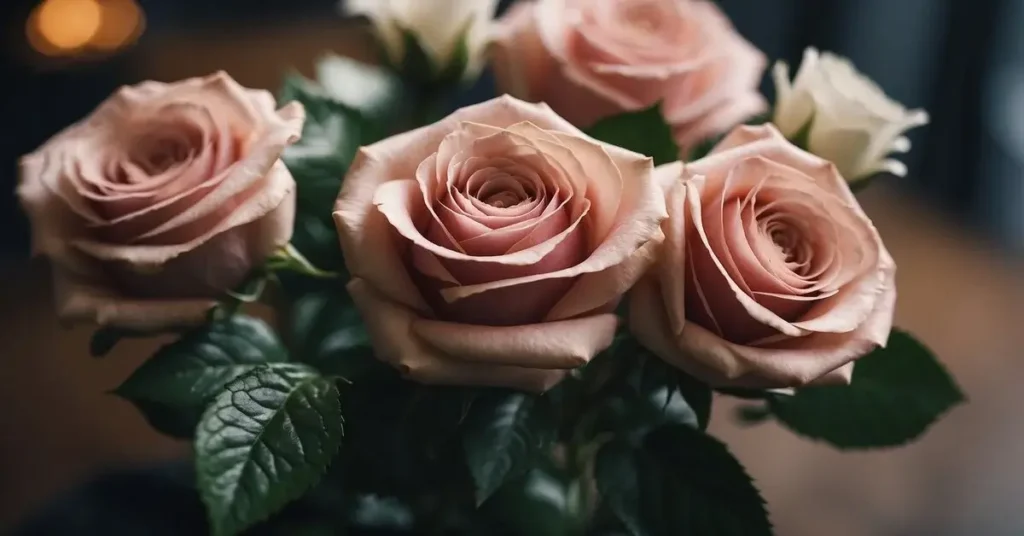 A close-up of delicate pink roses with a blurred background. Starting point of your money flower bouquet.