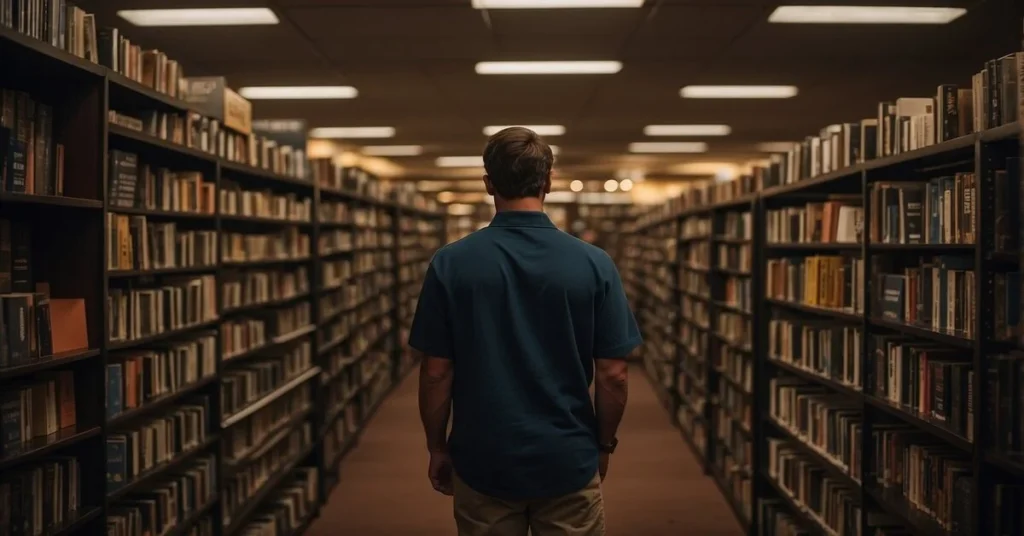 A man standing in a library aisle looking at books, suggesting research or learning. Books on a Budget