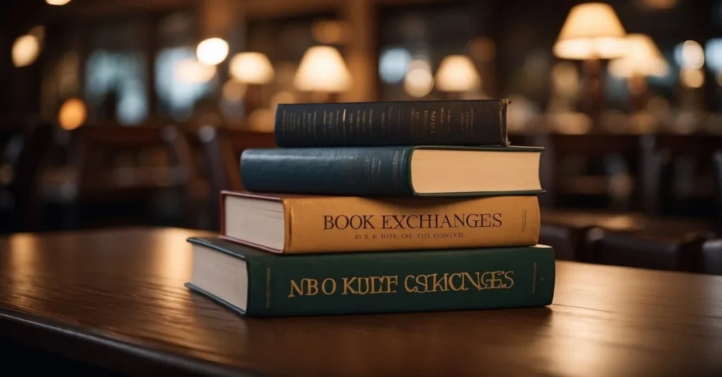 A stack of books with "Book Exchanges" written on the spine, indicating the sharing or circulation of books. Books on a Budget