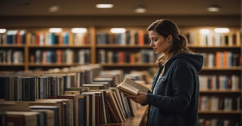 A woman browsing through books in a library, portraying the pursuit of knowledge or leisure reading. Books on a Budget