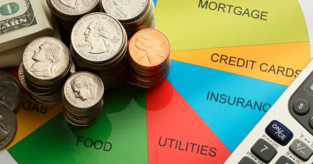 A pie chart and stacks of coins on top of colored sections labeled with budget categories, depicting financial planning. Use them for your budget book ideas