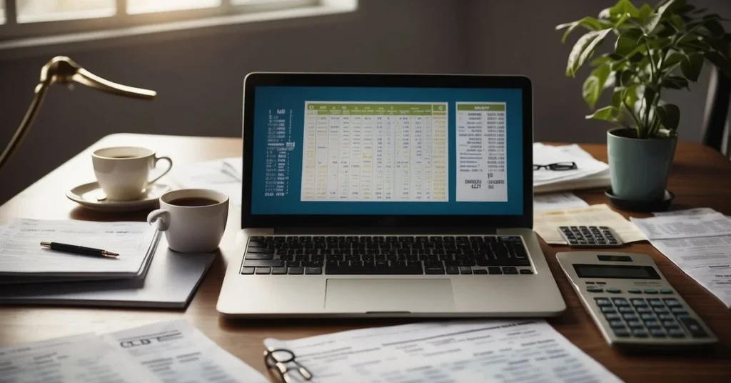 A laptop on a desk with a spreadsheet open, surrounded by financial papers, a calculator, and a cup of coffee, indicating financial planning. Start your plan after our budget workshop.