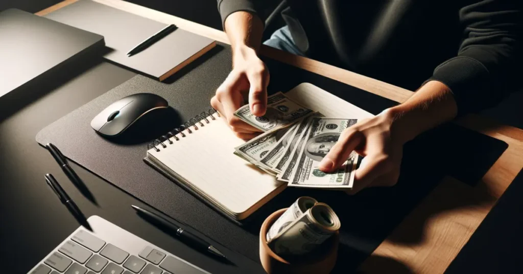 Hands counting US dollar bills next to a notebook, mouse, and laptop, indicating budgeting or financial calculation. Start saving with our budget workshop