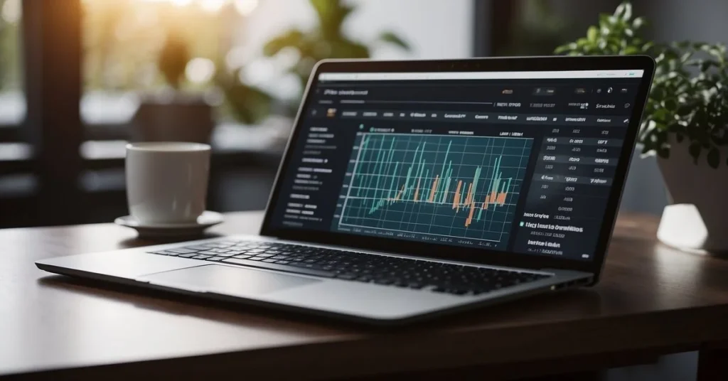 A laptop showing financial charts, suggesting stock market analysis or business finance monitoring. Use tools to track your budgeting process. You will find tools in our budget workshop.