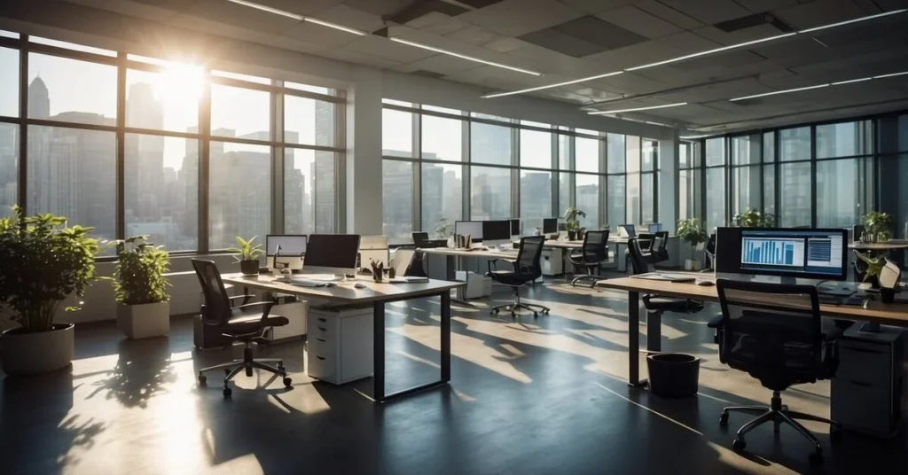 An office at dusk with the sunlight coming through the windows, computers with charts on the screens at entrepreneurial finance lab