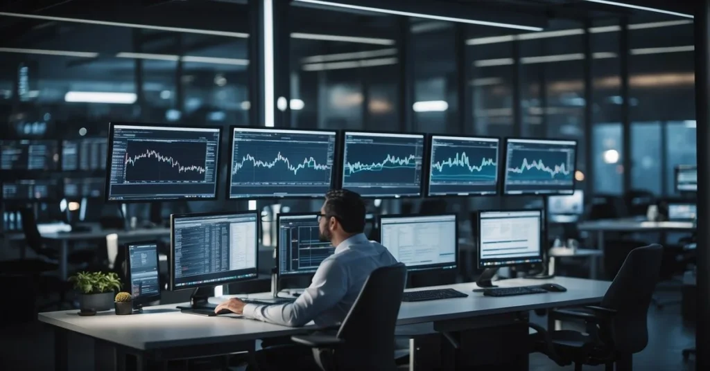 A person working in a modern office with multiple computer screens showing graphs and data at entrepreneurial finance lab