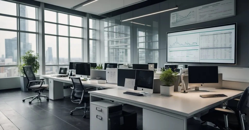 A bright office space with desks and computers, a cityscape visible through the large windows at entrepreneurial finance lab