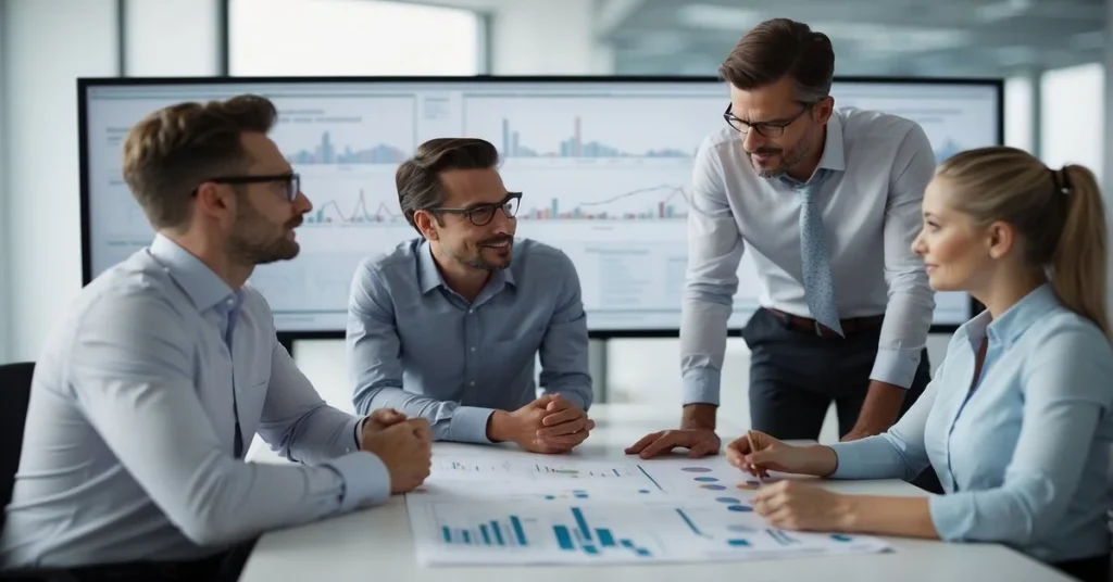 A group of professionals discussing charts and data in a meeting room with large monitors at entrepreneurial finance lab