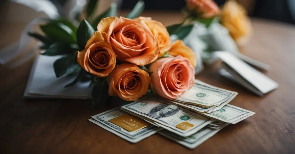 A bouquet of orange roses with scattered dollar bills and a credit card on a wooden surface. It could be used as a graduation money bouquet