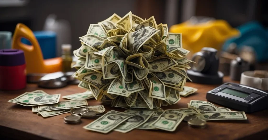 A spherical arrangement of dollar bills on a desk with various items in the background. Perfect as a graduation money bouquet