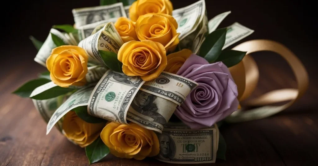 A bouquet of yellow roses with dollar bills woven between the flowers, on a dark wooden background. Could be used as a graduation money bouquet