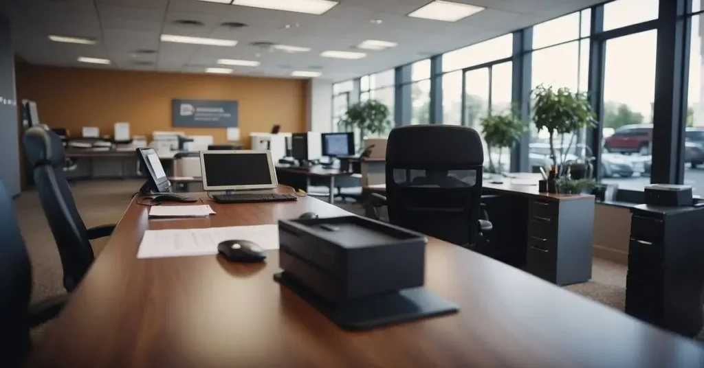 An office space with desks, computers, and chairs, with a focus on the foreground. You can find your in-house financing car dealerships there