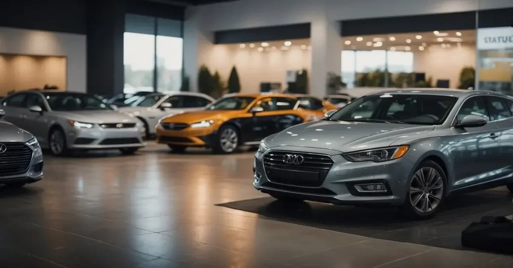 Another angle of a car dealership showroom featuring different models of cars on display. There you can find in-house financing car dealerships.