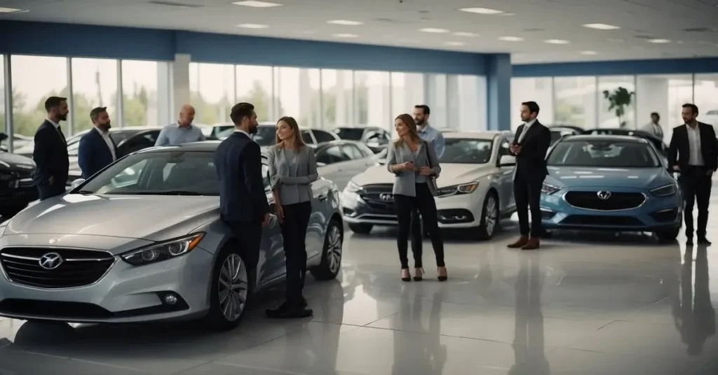 A car dealership showroom with potential customers talking to a salesperson next to a car.