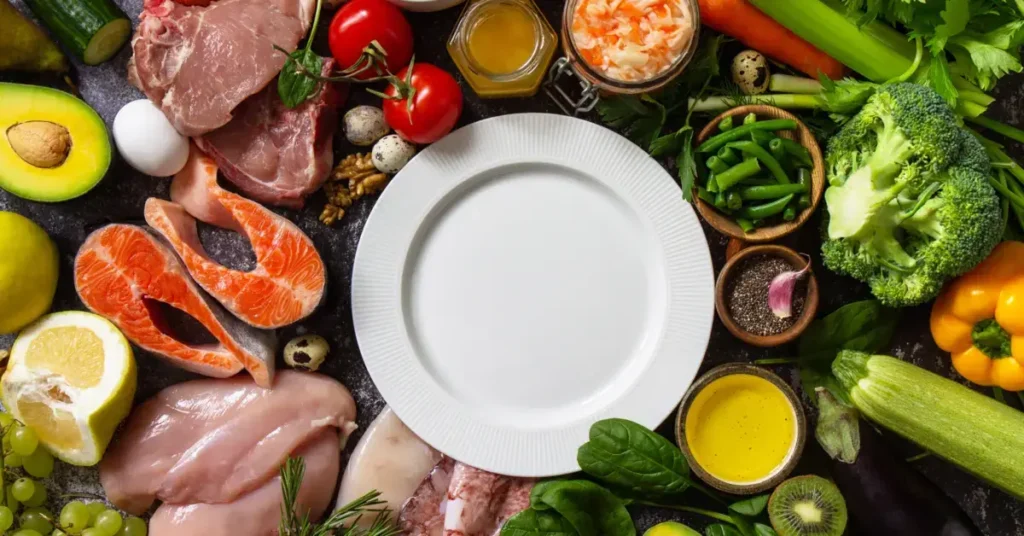 Start your budget paleo meals.
A variety of raw paleo foods including meats, fruits, and vegetables surrounding an empty white plate.