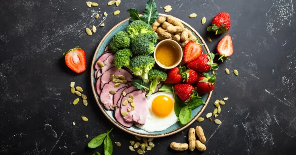 A balanced meal plate with broccoli, strawberries, sliced ham, an egg, and a dipping sauce. Perfect breakfast for a budget paleo meals