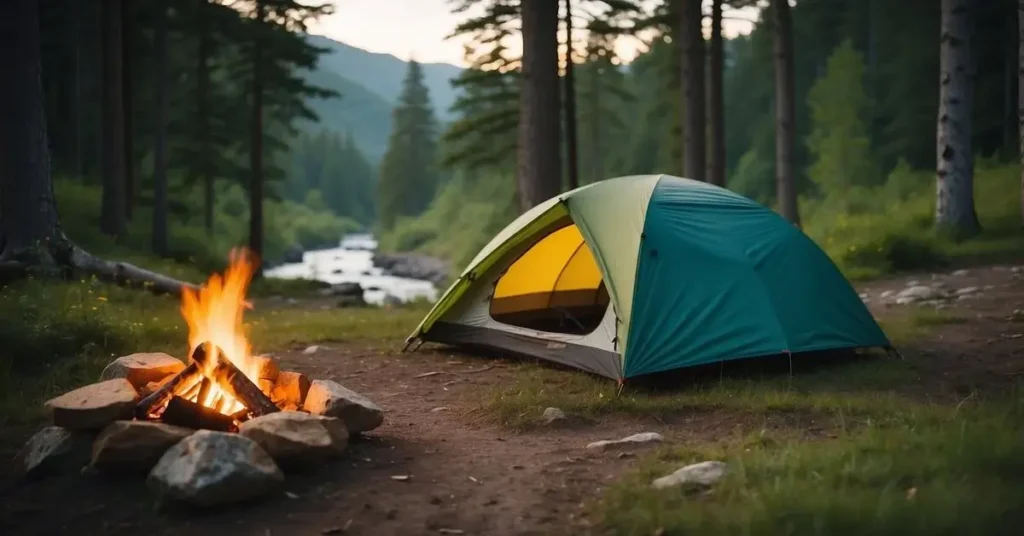 A camping scene with a tent and a campfire in a forest near a stream. Perfect for a budget summer vacation