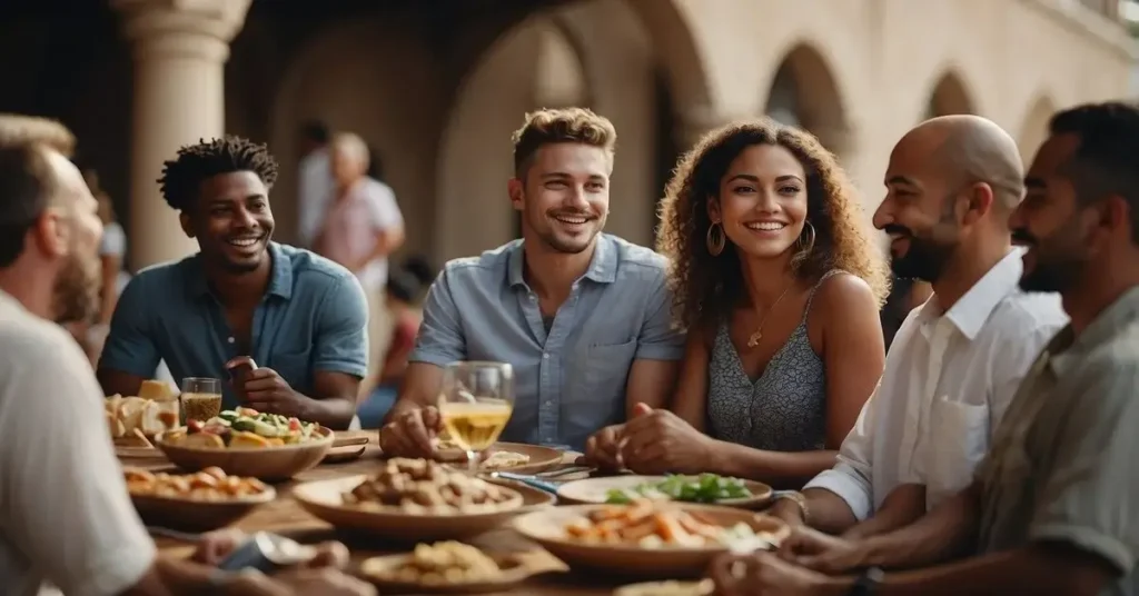 A group of friends enjoying a meal together outdoors, smiling and interacting. Meeting people is a good fit for vacation on a budget.