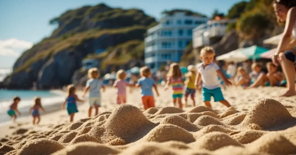 Children playing on a sandy beach with a rocky cliff and buildings in the background. Find fitting budget summer vacation for your family