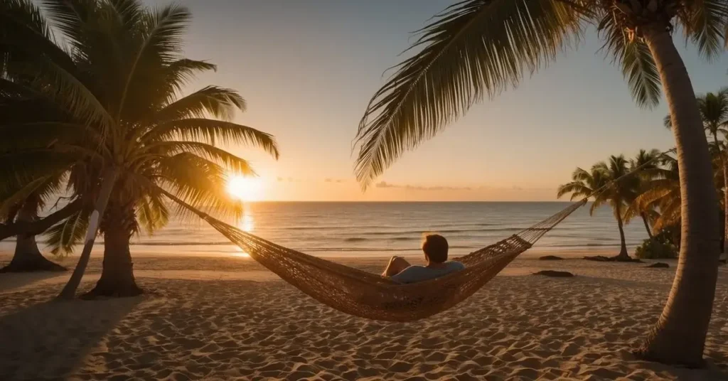 A person relaxing in a hammock strung between palm trees on a beach at sunrise.This could be you while being on budget summer vacation