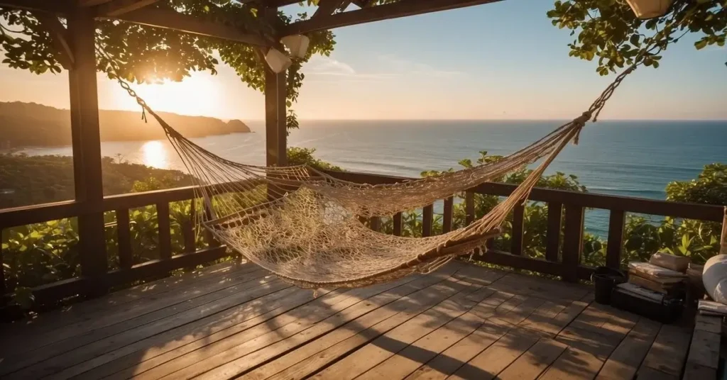 A hammock on a wooden deck with a scenic view of the sea and foliage during sunset. Plan your romantic getaway as budget summer vacation