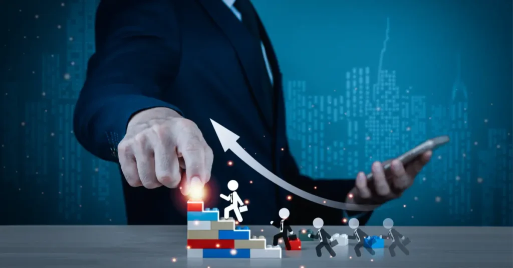 A financial analyst placing a figurine on a stair - symbolizing growth or promotion.