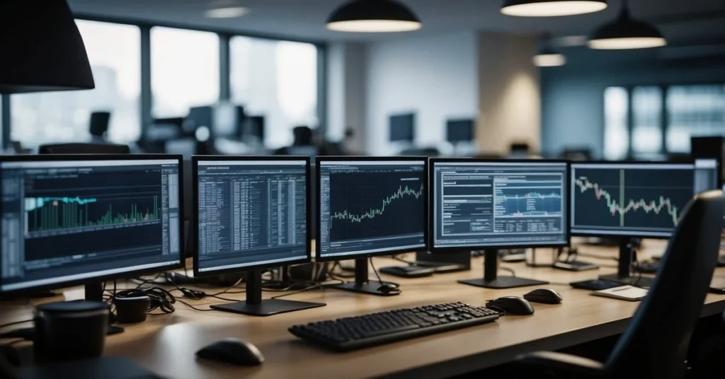 Multiple computer screens displaying various financial charts and data in an office setting. It is the average set up in finance analyst jobs.