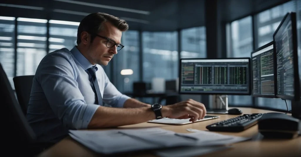 A financial analyst analyzing financial data on multiple computer monitors.