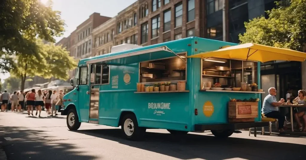 A turquoise food truck parked on a street with a queue of people and a dining area in the background. This could be you, when you start food truck financing