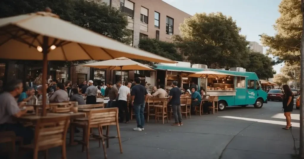 A turquoise food truck parked showing people seated at nearby outdoor tables. Stat food truck financing now!