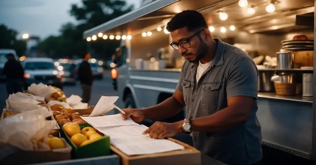 A man standing at the service window of a food truck at dusk, reading papers on a clipboard. He tries to qualify for a food truck loan.