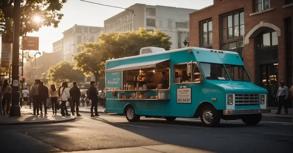 The turquoise food truck pictured during evening time with a crowd of people around. When you start to financing a food truck, this could be yours!