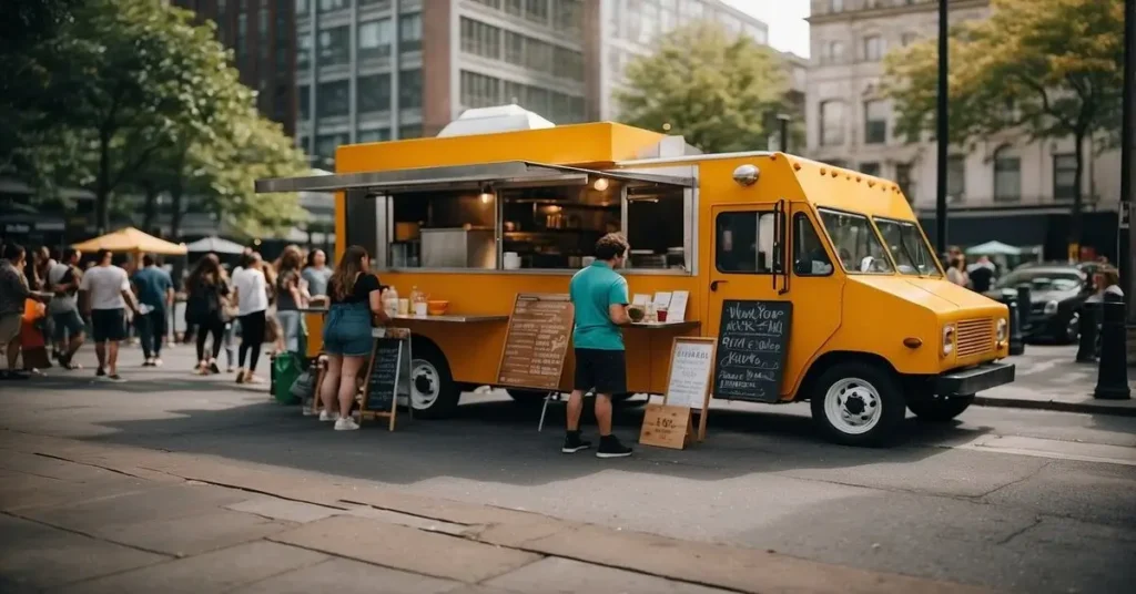 A yellow food truck with a service window, where a person is ordering food, located on a busy street.