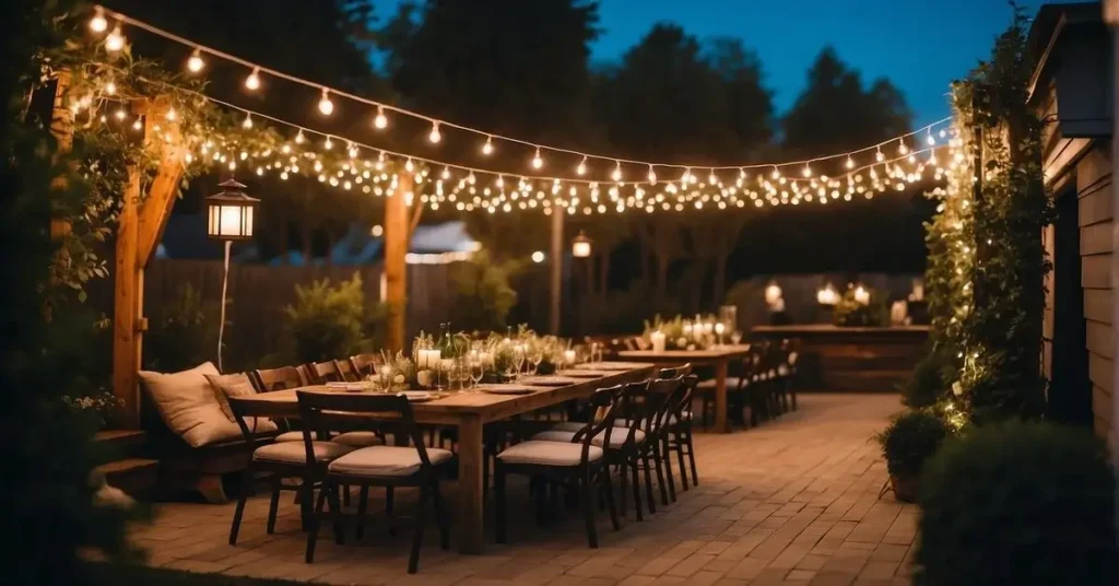 An intimate outdoor dining area illuminated by string lights and a standing lamp. It is home wedding ideas on a budget.