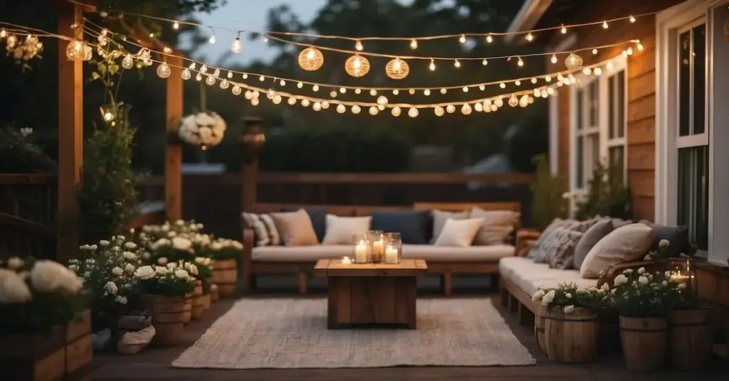 A cozy patio space with benches, a sofa, and a coffee table, decorated with string lights and planters. It is home wedding ideas on a budget.