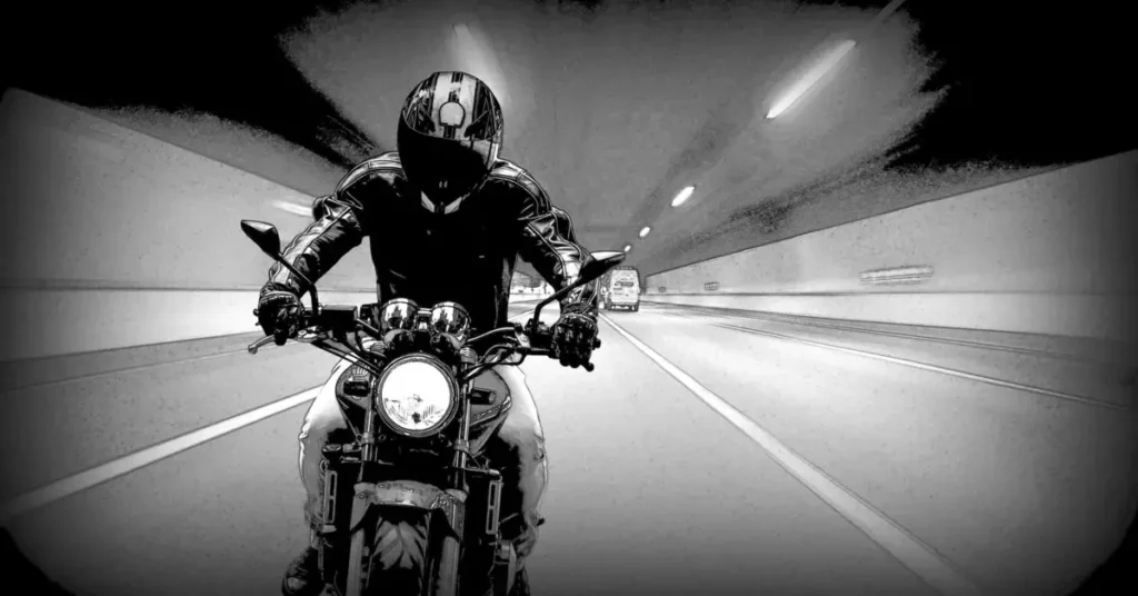 A motorcyclist riding in a tunnel, viewed from the front in a black and white sketch style. Start your yamaha financing to go on your own trips.