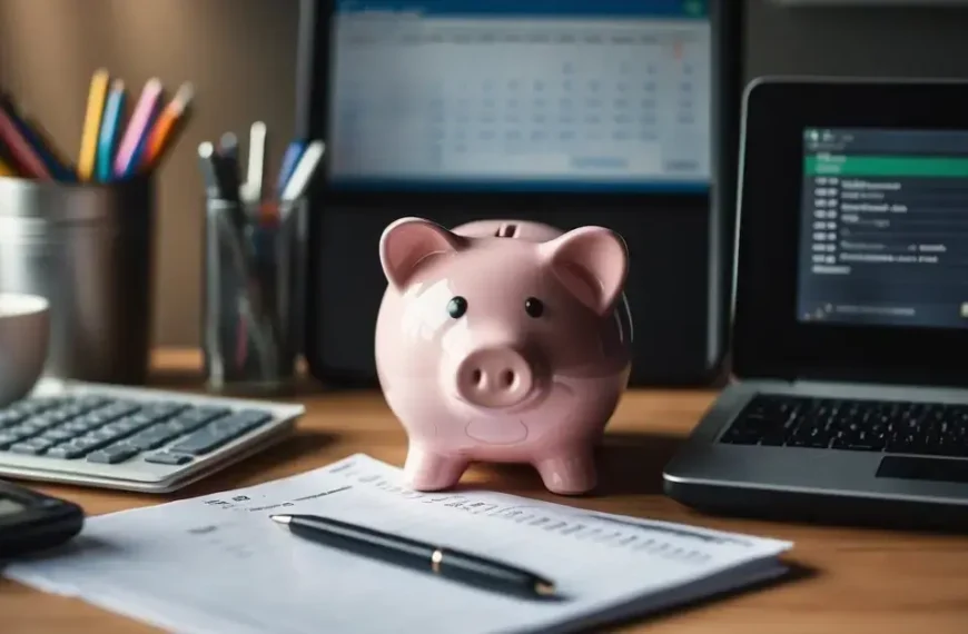 How To Save 1000 A Month: A desk with a laptop, calculator, and budgeting spreadsheets. A piggy bank and stack of cash symbolize saving. A calendar marks monthly goals